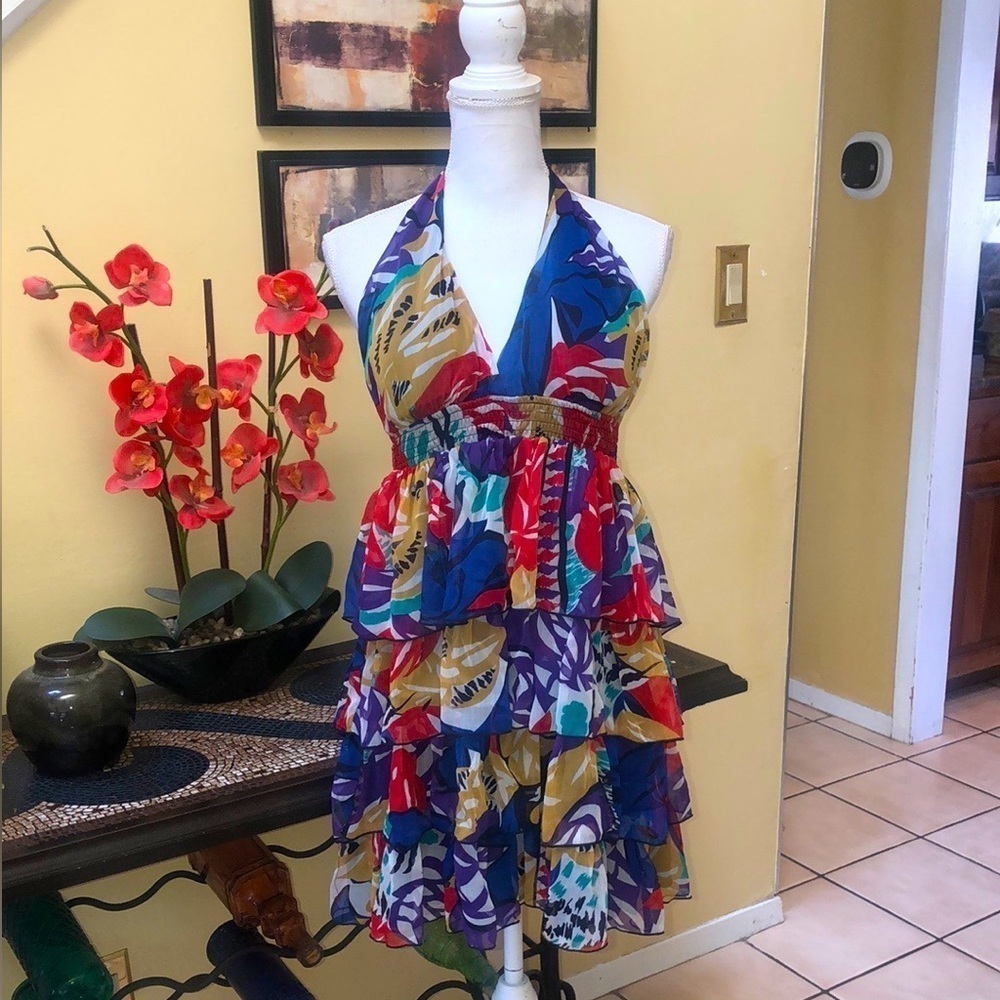Pinky Multicolored Floral Three Tiered Ruffle Georgette Halter Dress Size Large